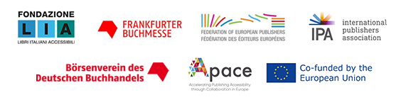 Logos of Fondazione LI, Börsenverein des Deutschen Buchhandels, Federation of European Publishers, International Publishers Association, Frankfurter Buchmesse and APACE project, co-funded by the European Union.