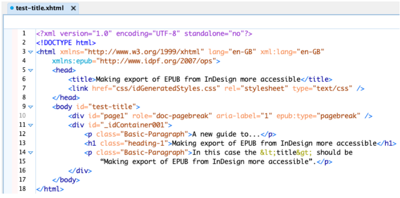 Screenshot of the code of an EPUB with the correct use of the <title> tag