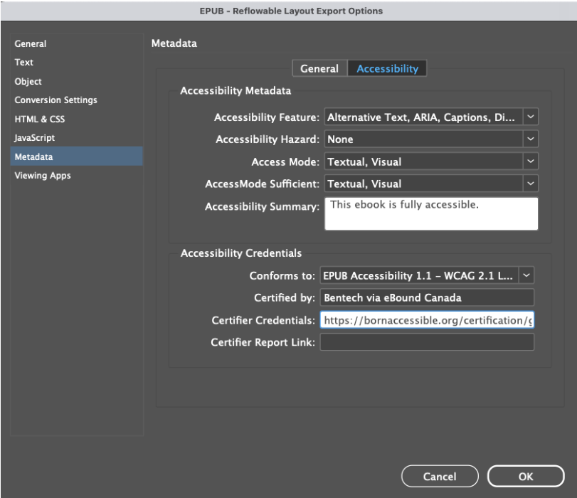 Screenshot of InDesign panel "EPUB - Reflowable Layout Export Options": Accessibility Metadata